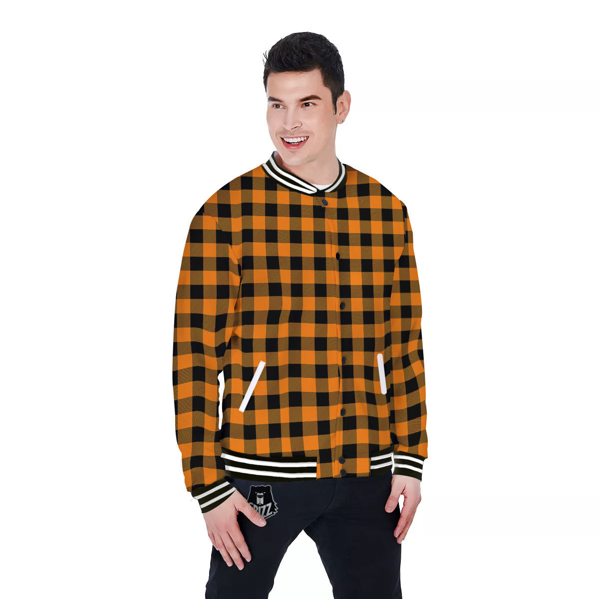 Tartan Black And Orange Print Pattern Baseball Jacket-grizzshop