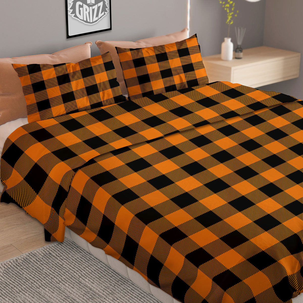 Tartan Black And Orange Print Pattern Duvet Cover Bedding Set
