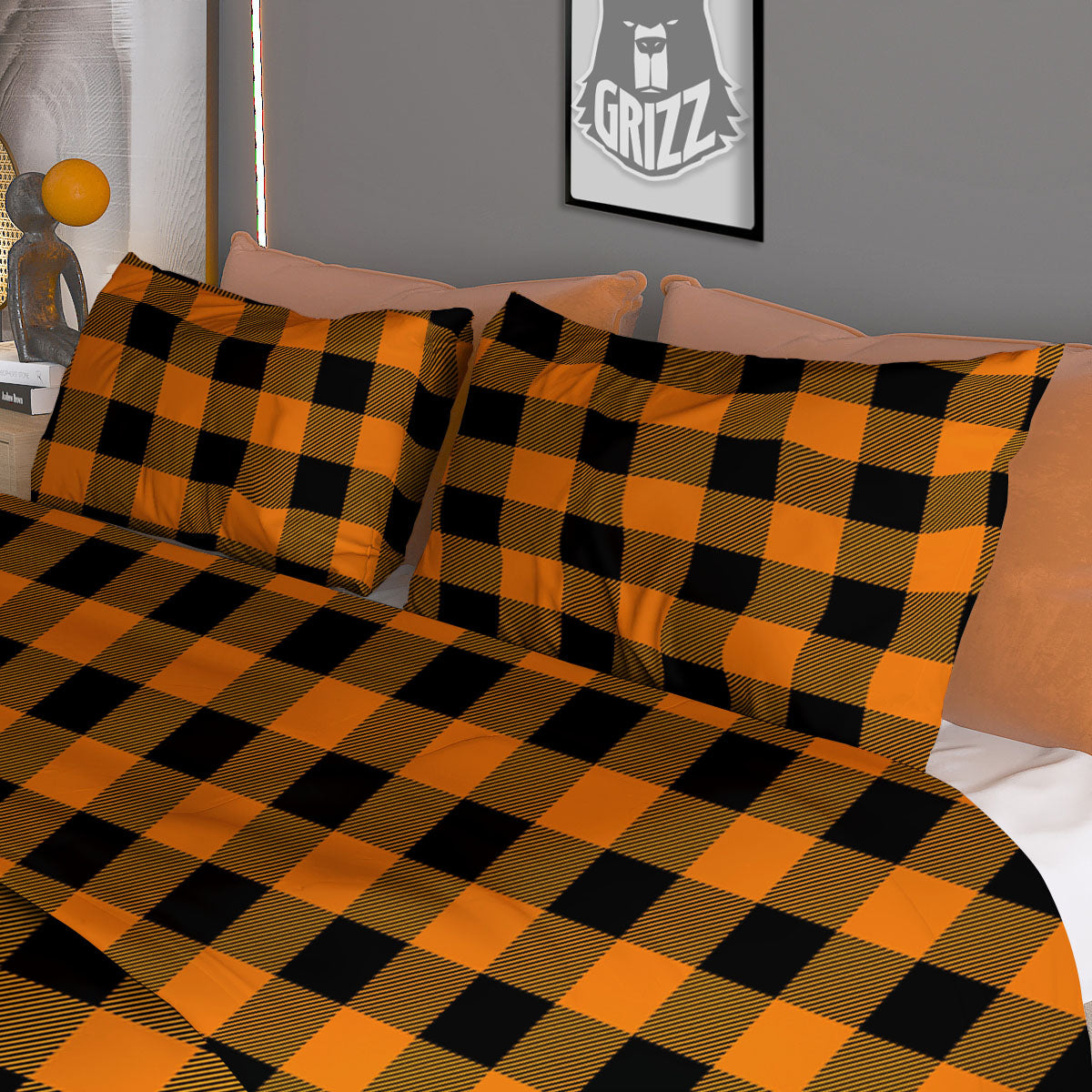 Tartan Black And Orange Print Pattern Duvet Cover Bedding Set