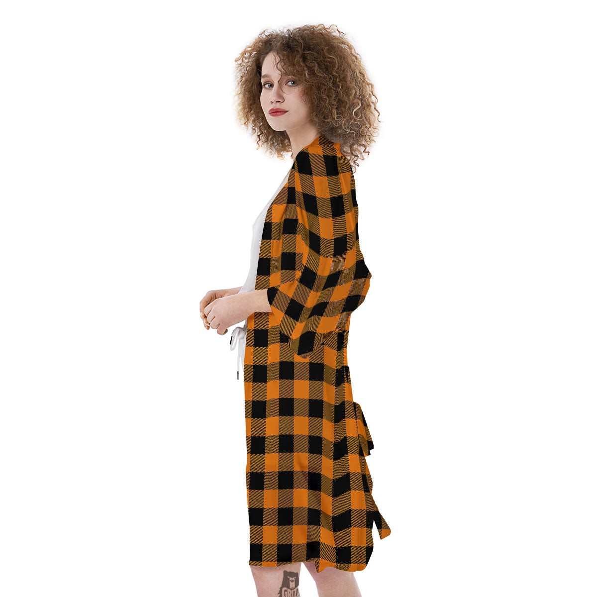 Tartan Black And Orange Print Pattern Kimono-grizzshop