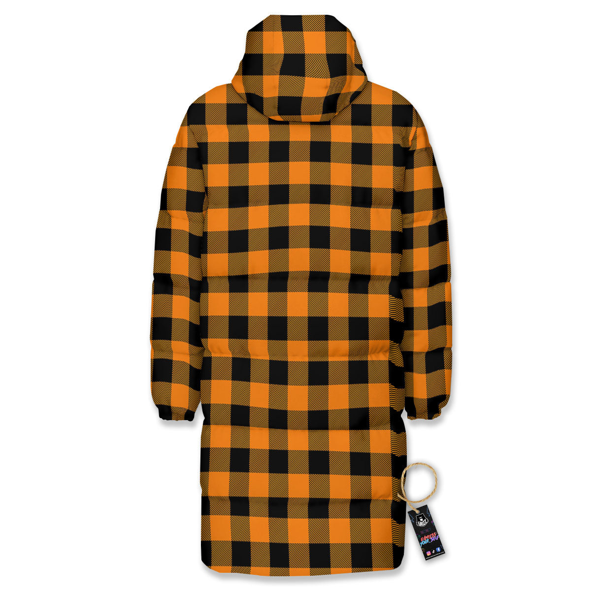 Tartan Black And Orange Print Pattern Long Down Jacket-grizzshop