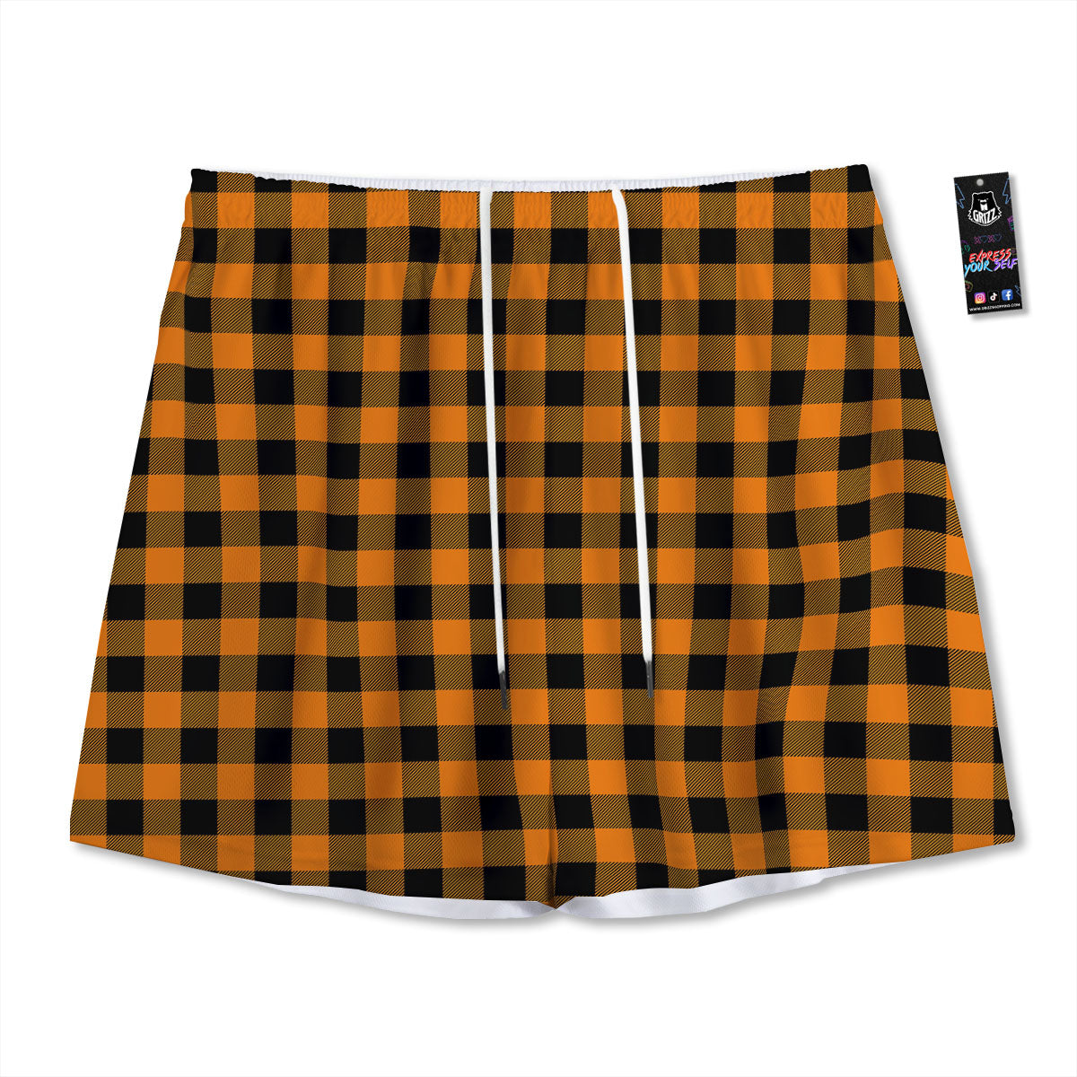 Tartan Black And Orange Print Pattern Mesh Shorts
