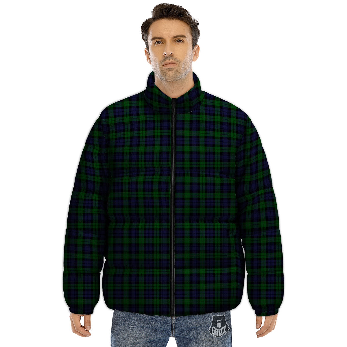 Tartan Black Watch Print Pattern Puffer Jacket-grizzshop