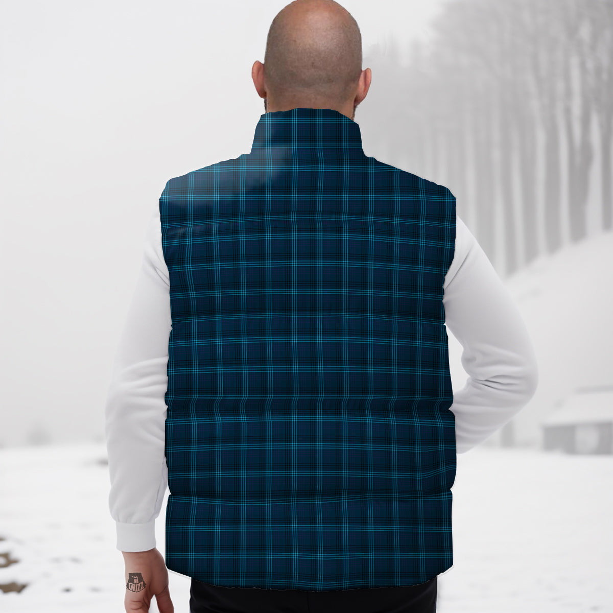 Tartan Blue And Black Print Pattern Down Vest