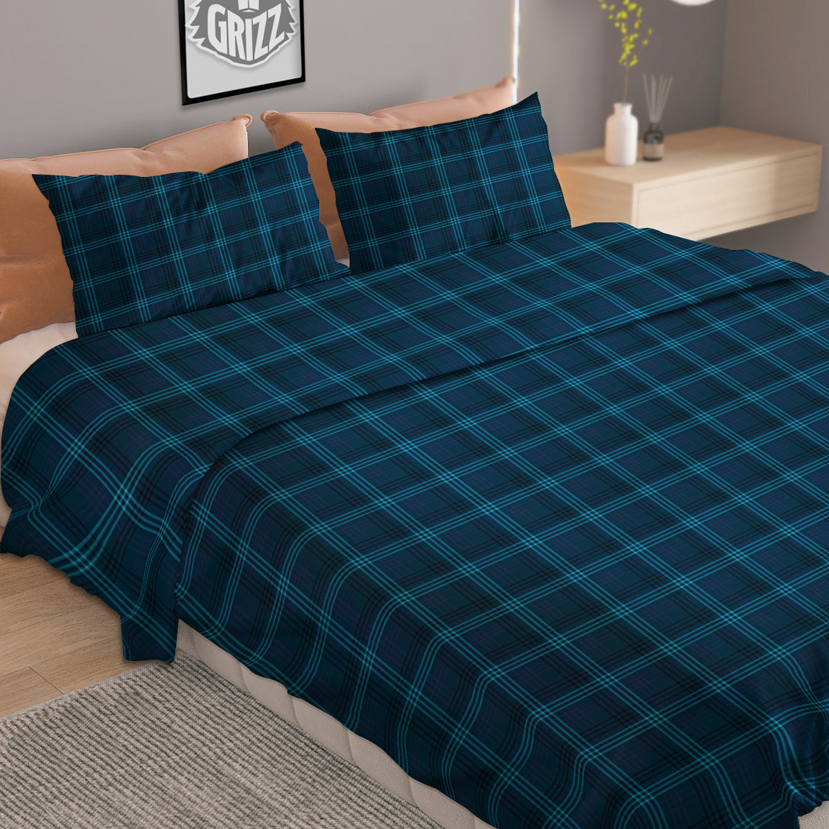 Tartan Blue And Black Print Pattern Duvet Cover Bedding Set