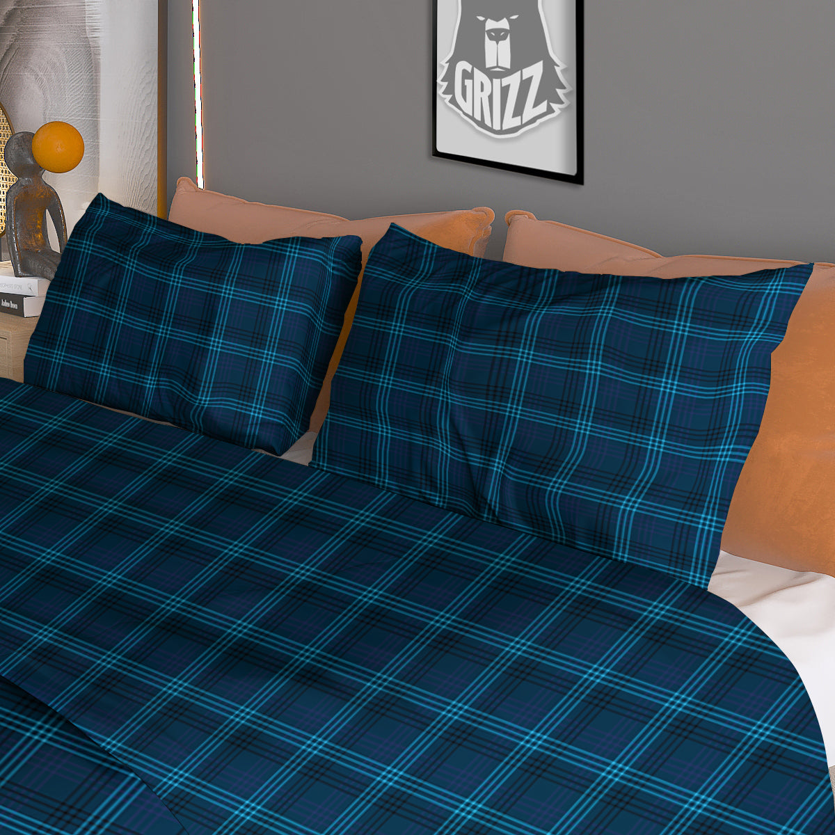Tartan Blue And Black Print Pattern Duvet Cover Bedding Set
