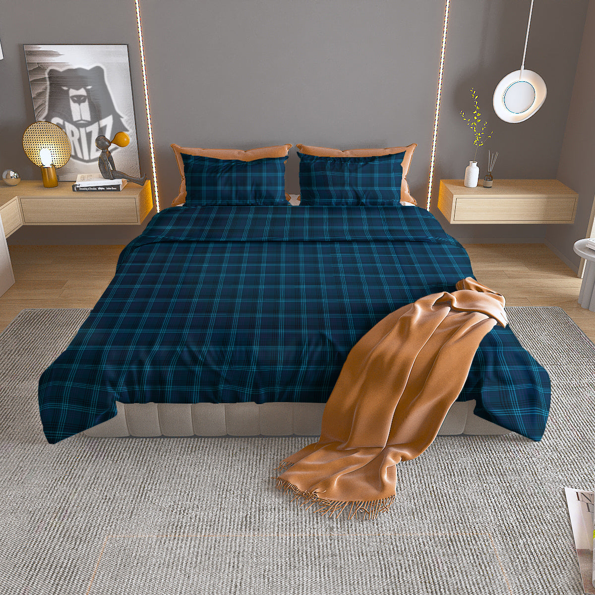 Tartan Blue And Black Print Pattern Duvet Cover Bedding Set