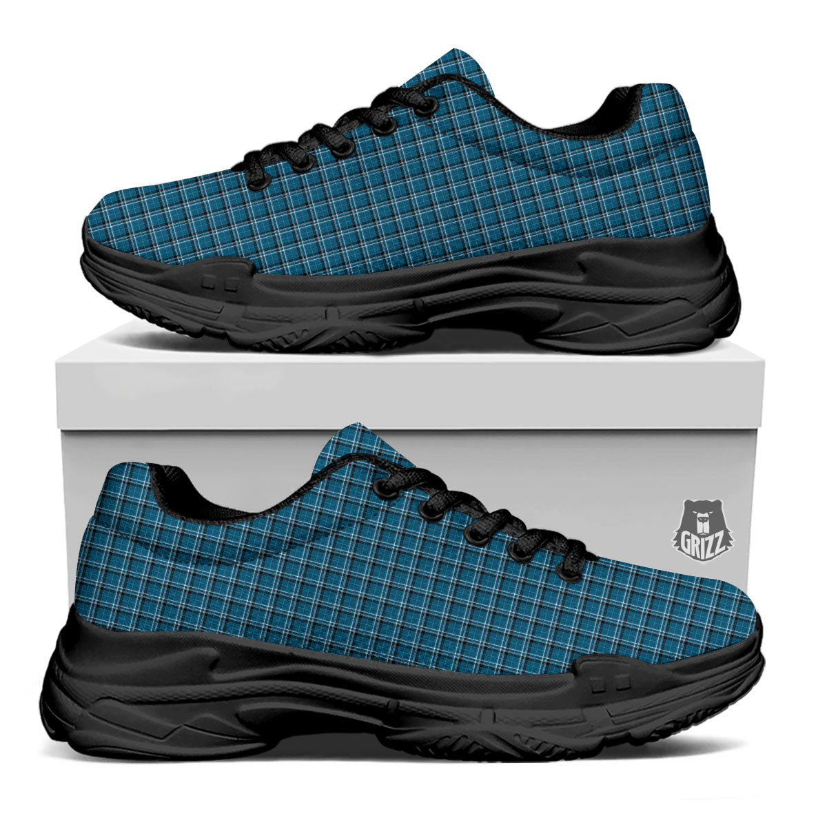 Tartan Blue And White Line Print Pattern Black Chunky Shoes-grizzshop