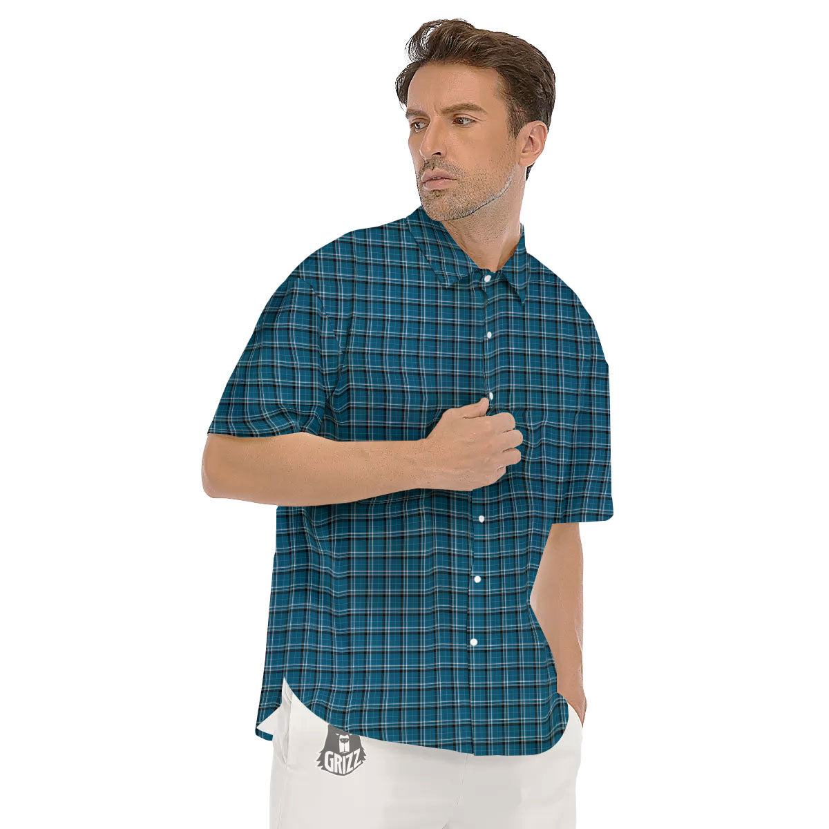 Tartan Blue And White Line Print Pattern Men's Short Sleeve Shirts-grizzshop