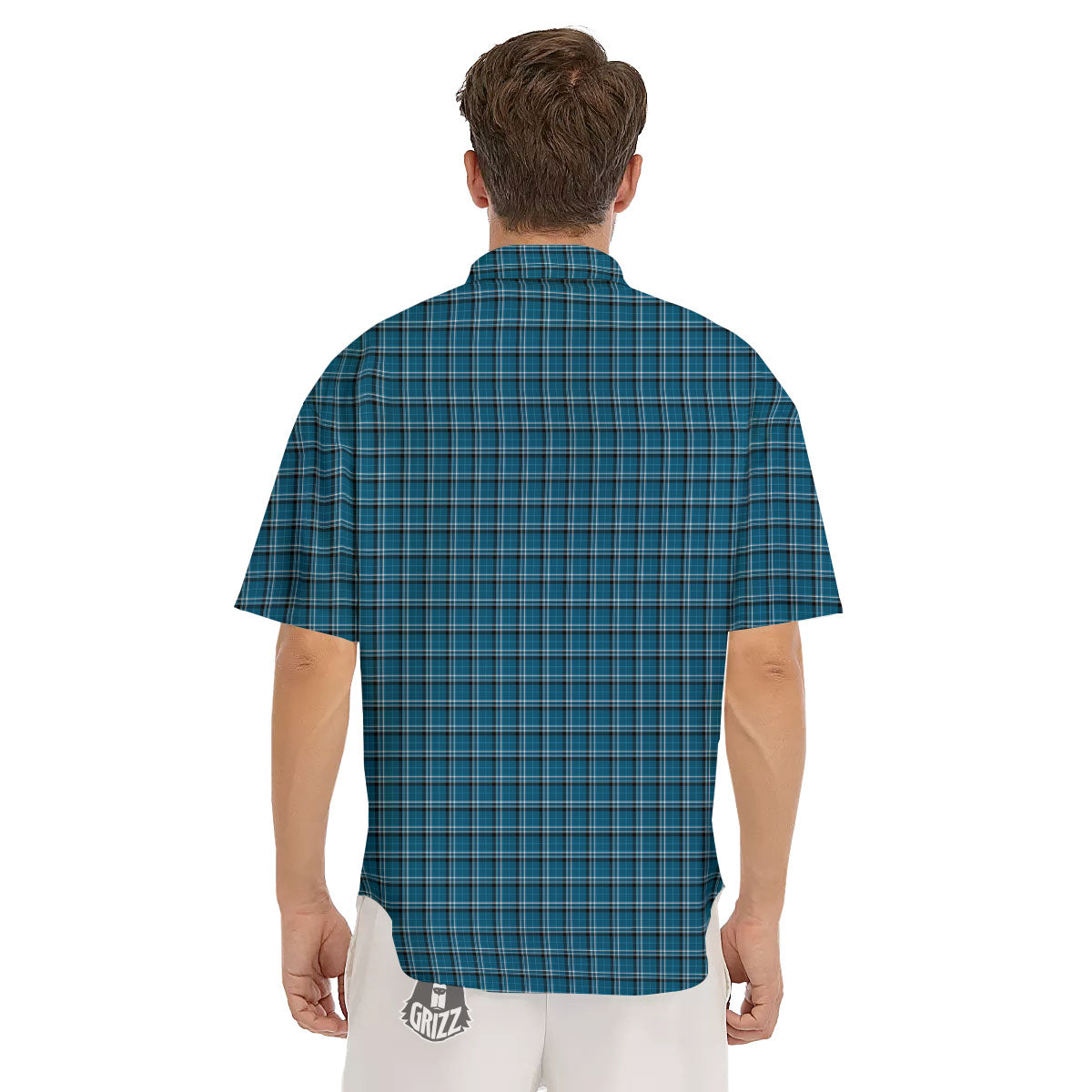 Tartan Blue And White Line Print Pattern Men's Short Sleeve Shirts-grizzshop