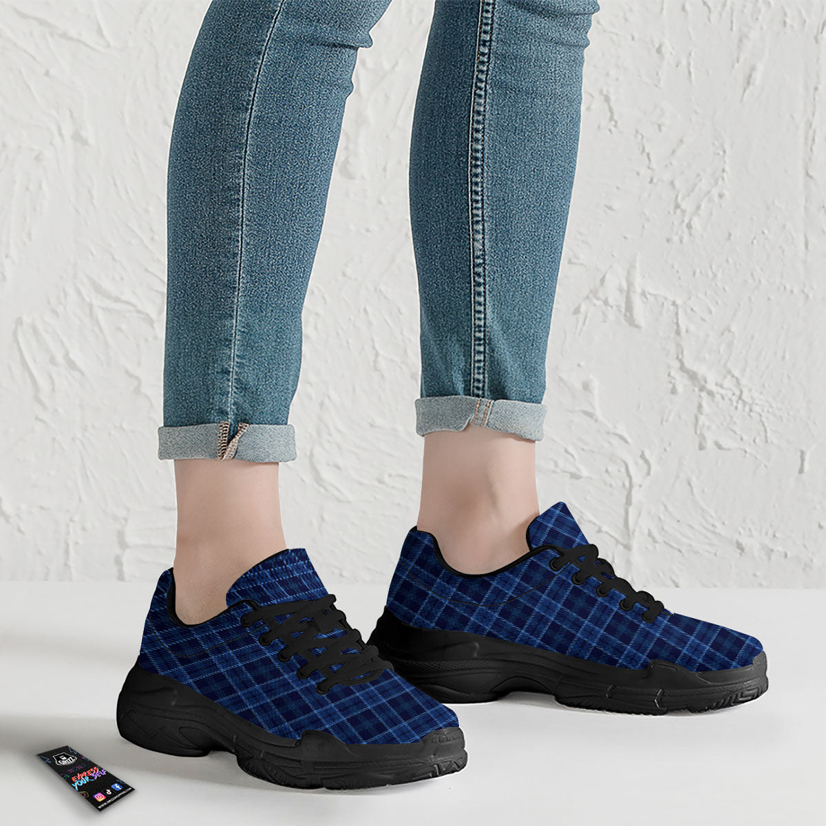 Tartan Blue Print Pattern Black Chunky Shoes-grizzshop