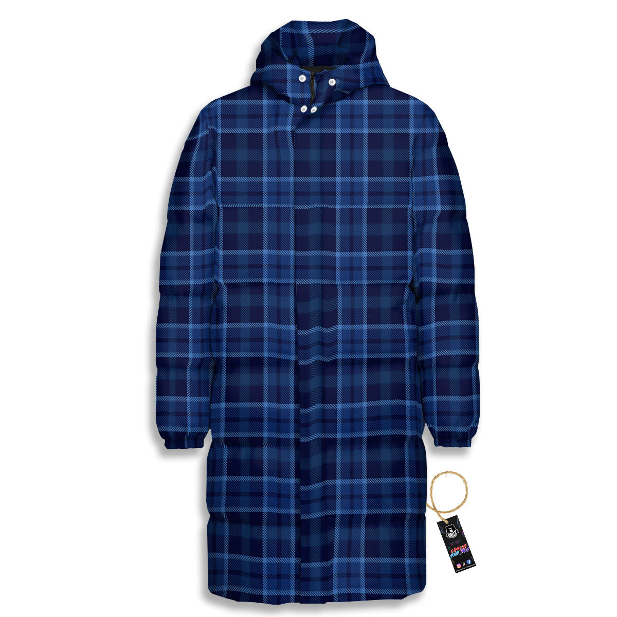 Tartan Blue Print Pattern Long Down Jacket-grizzshop