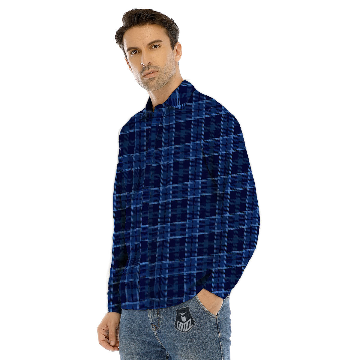 Tartan Blue Print Pattern Men's Dress Shirts-grizzshop
