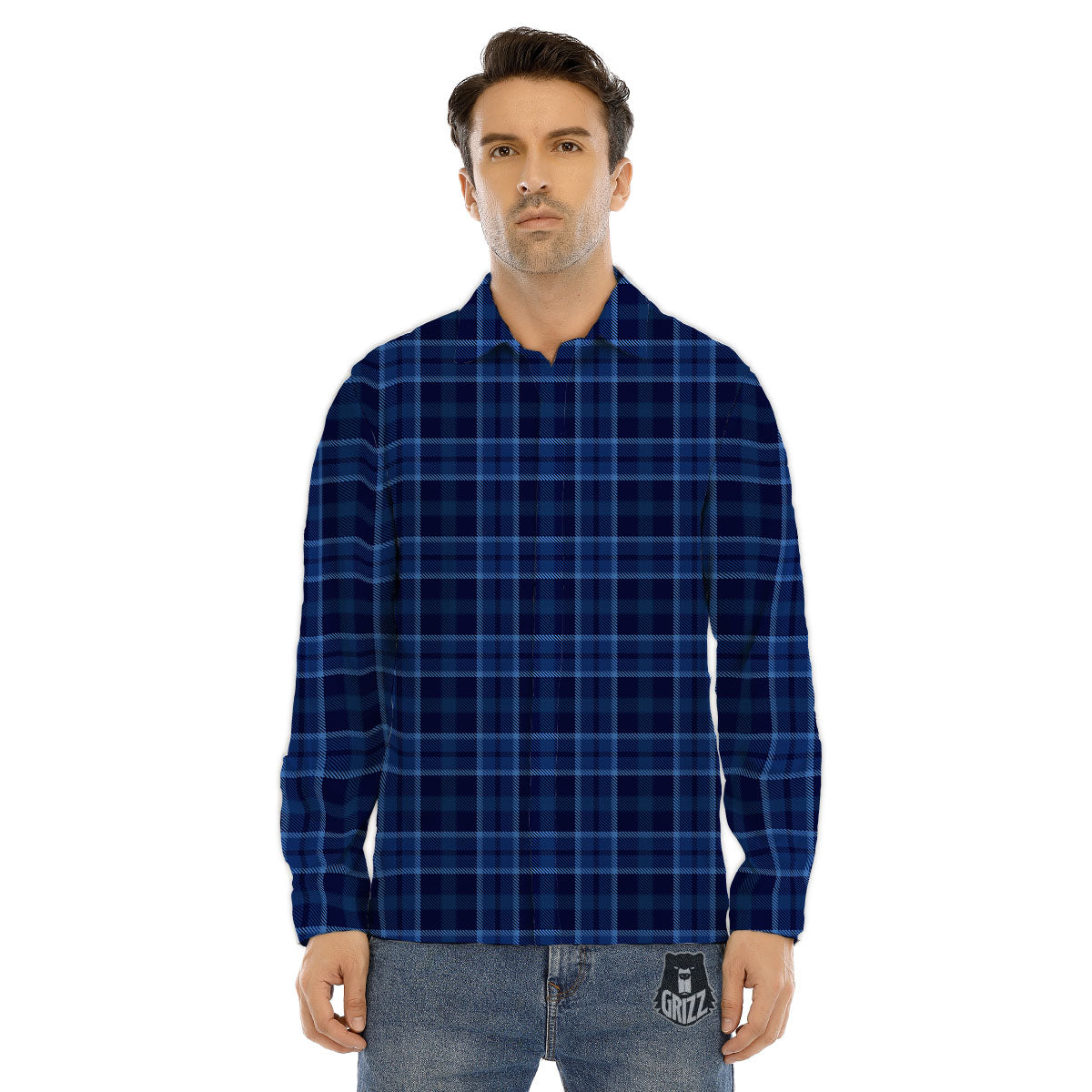 Tartan Blue Print Pattern Men's Dress Shirts-grizzshop