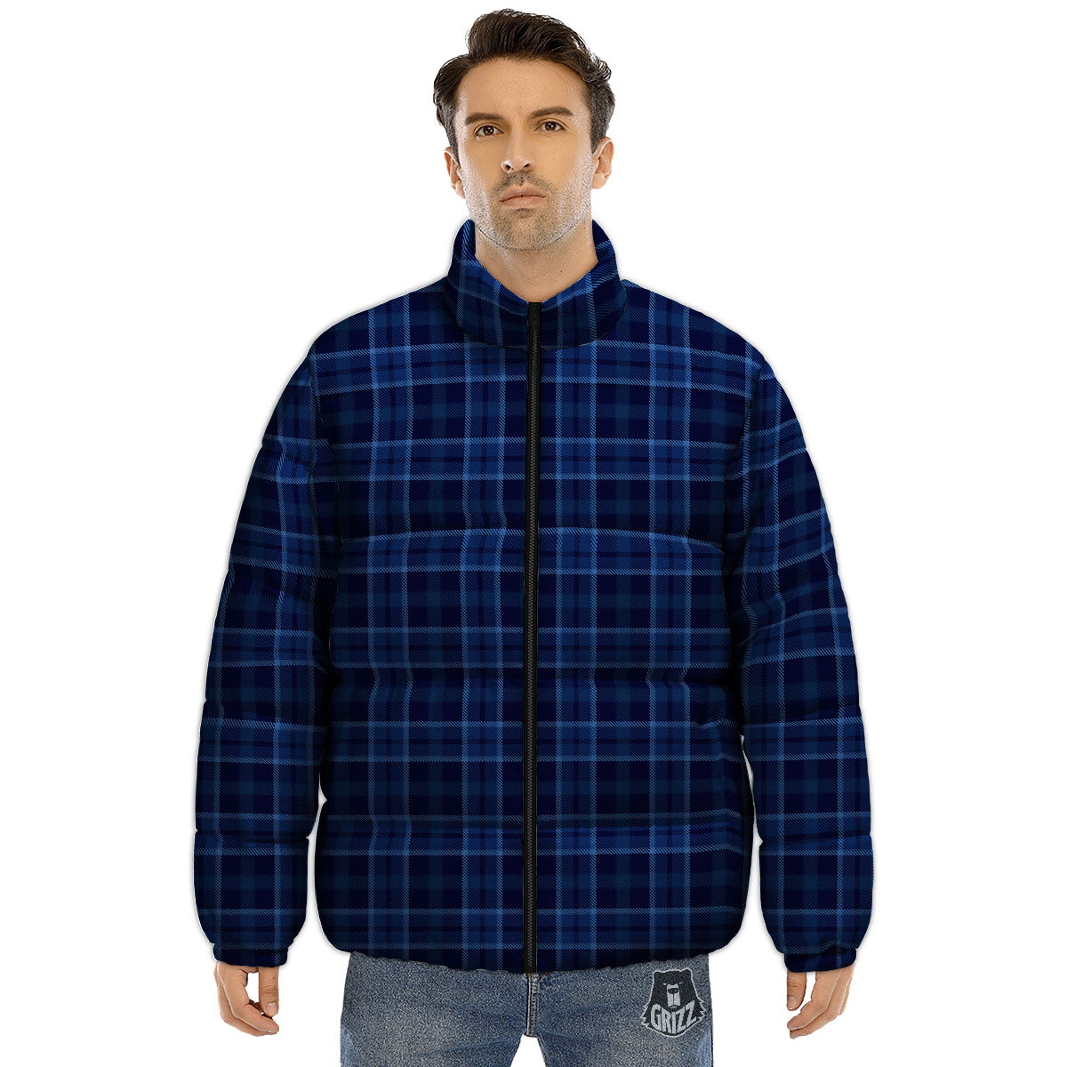 Tartan Blue Print Pattern Puffer Jacket-grizzshop