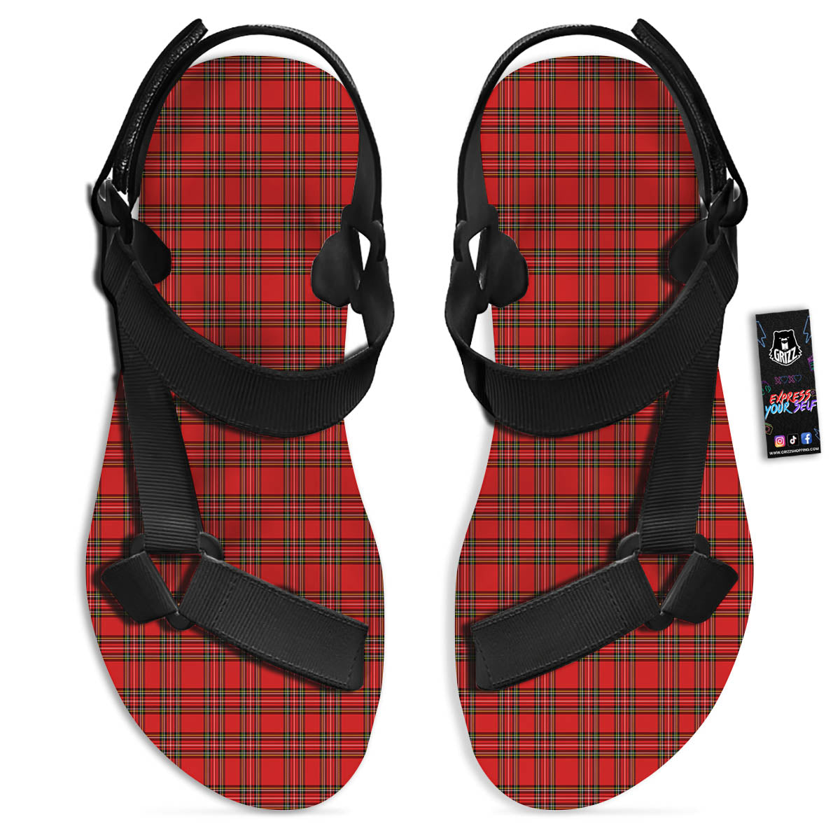 Tartan Christmas Scottish Print Pattern Black Open Toe Sandals-grizzshop