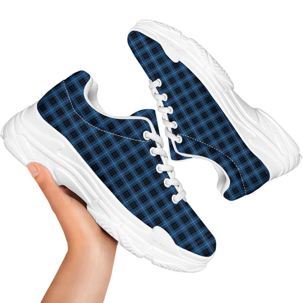 Tartan Dark Blue Print Pattern White Chunky Shoes-grizzshop