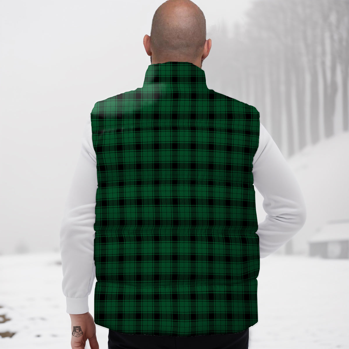 Tartan Green And Black Print Pattern Down Vest