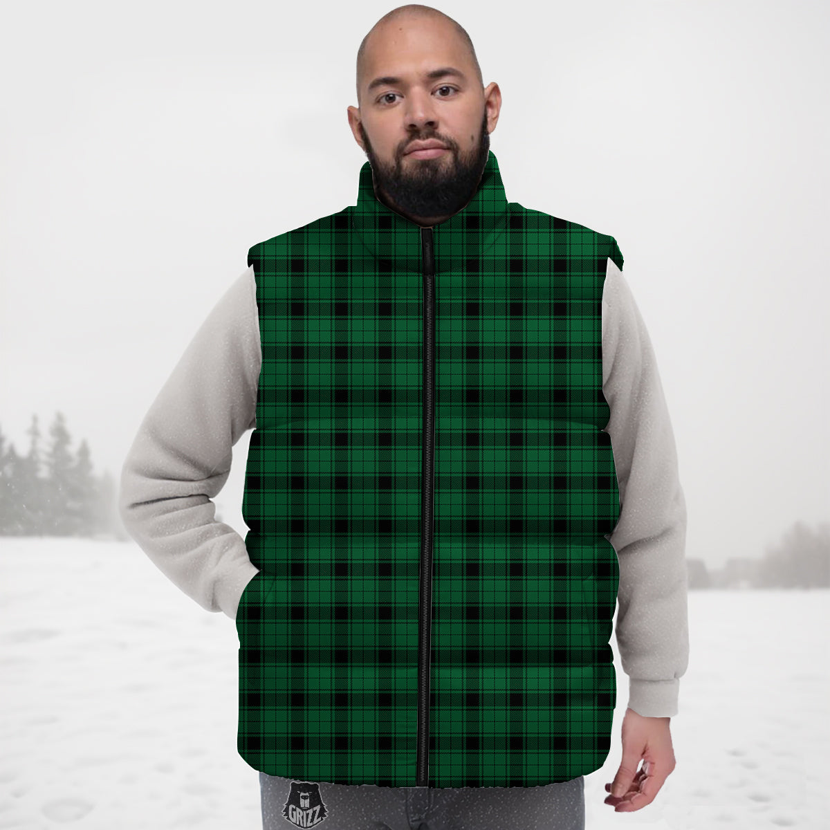 Tartan Green And Black Print Pattern Down Vest