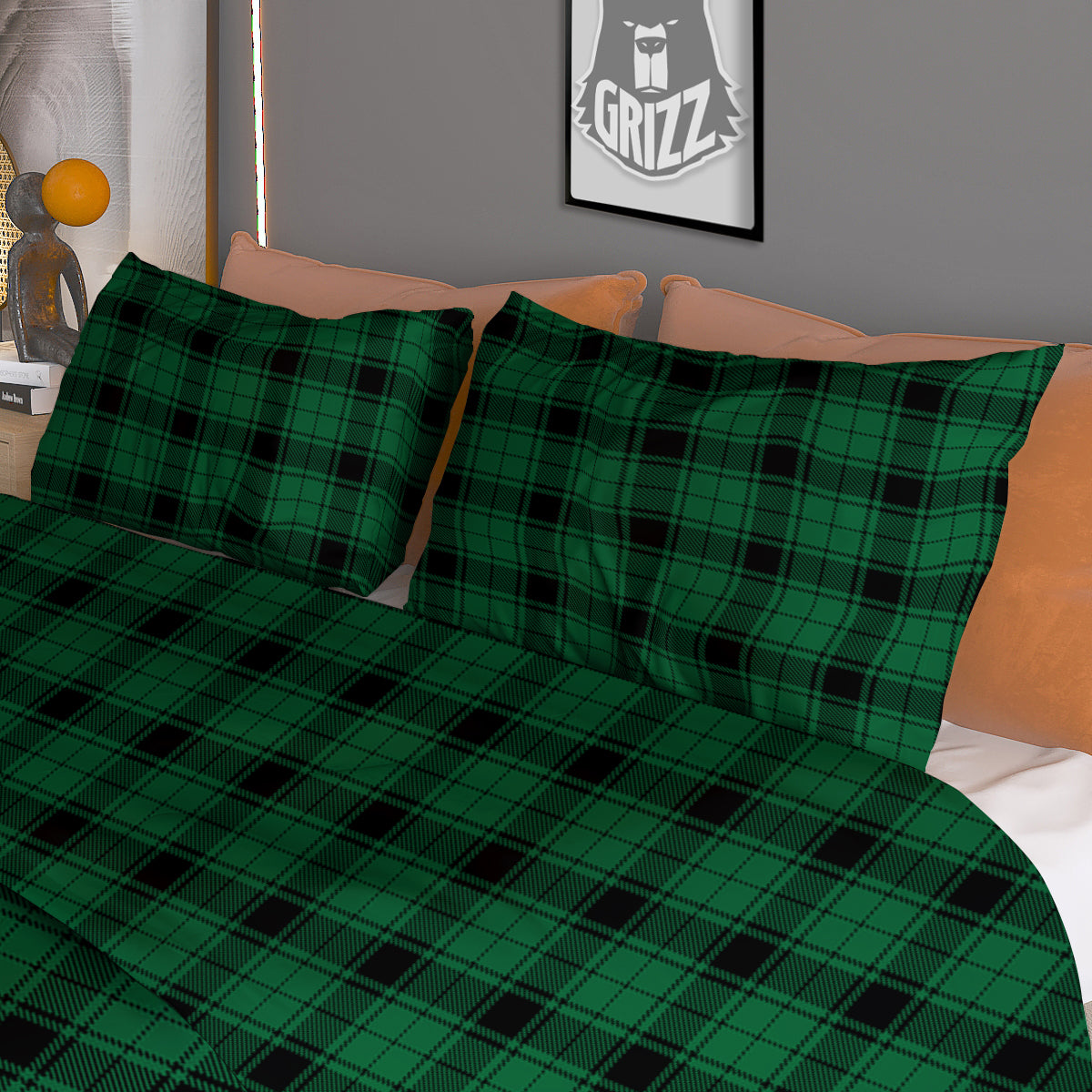 Tartan Green And Black Print Pattern Duvet Cover Bedding Set