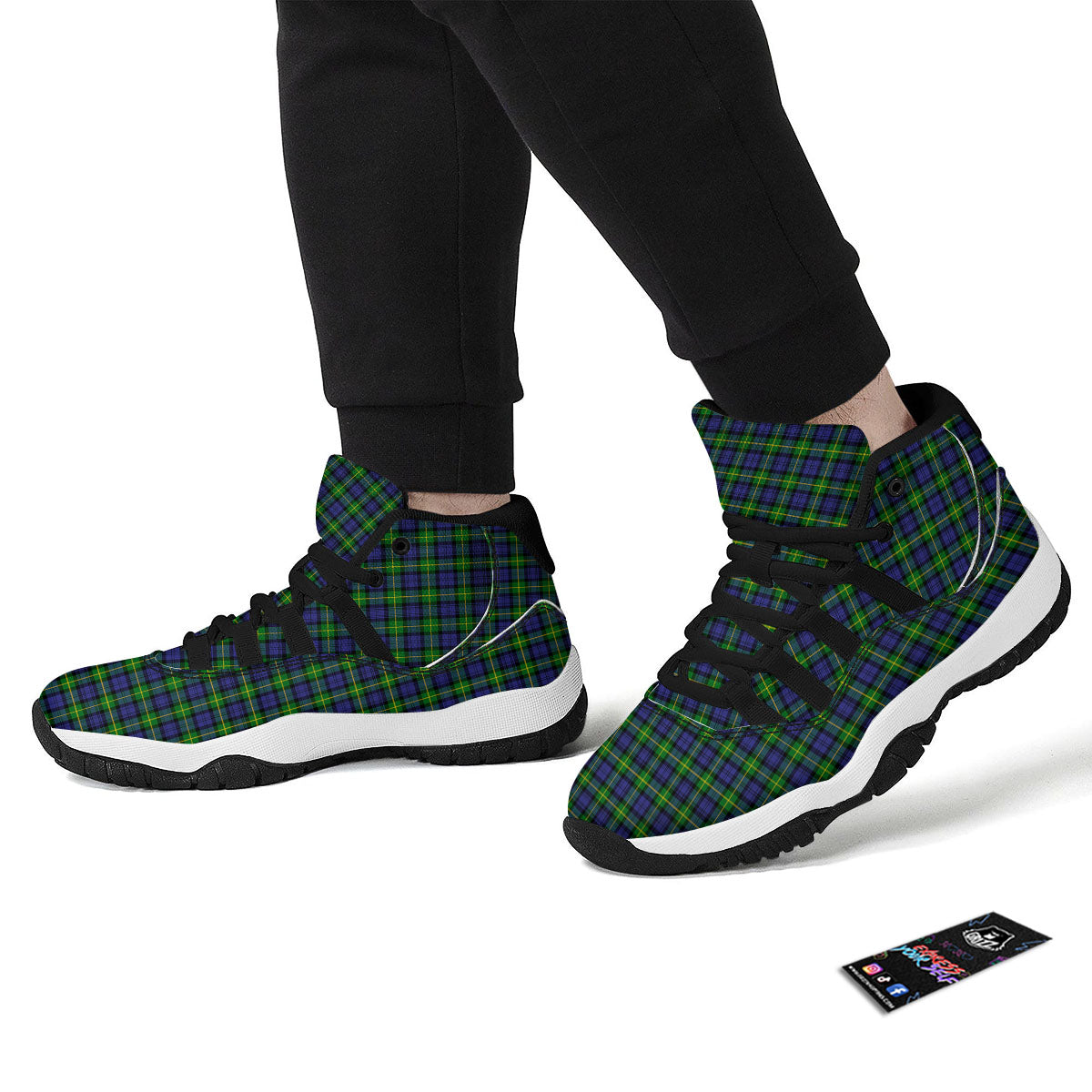 Tartan Green And Blue Print Pattern Black Bball Shoes-grizzshop