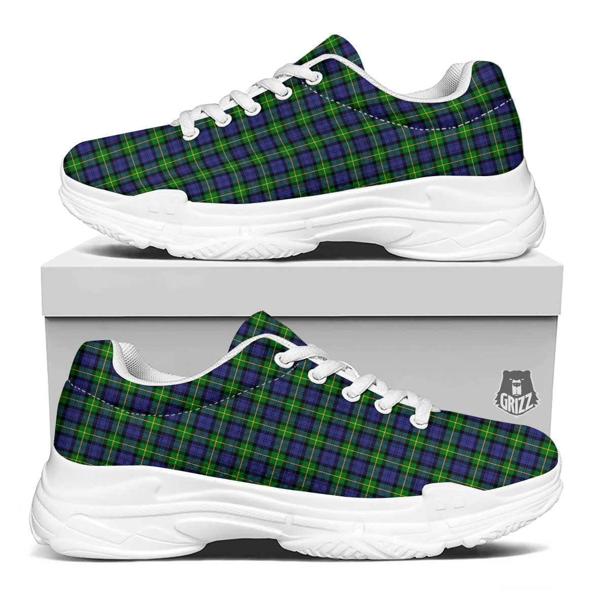 Tartan Green And Blue Print Pattern White Chunky Shoes-grizzshop