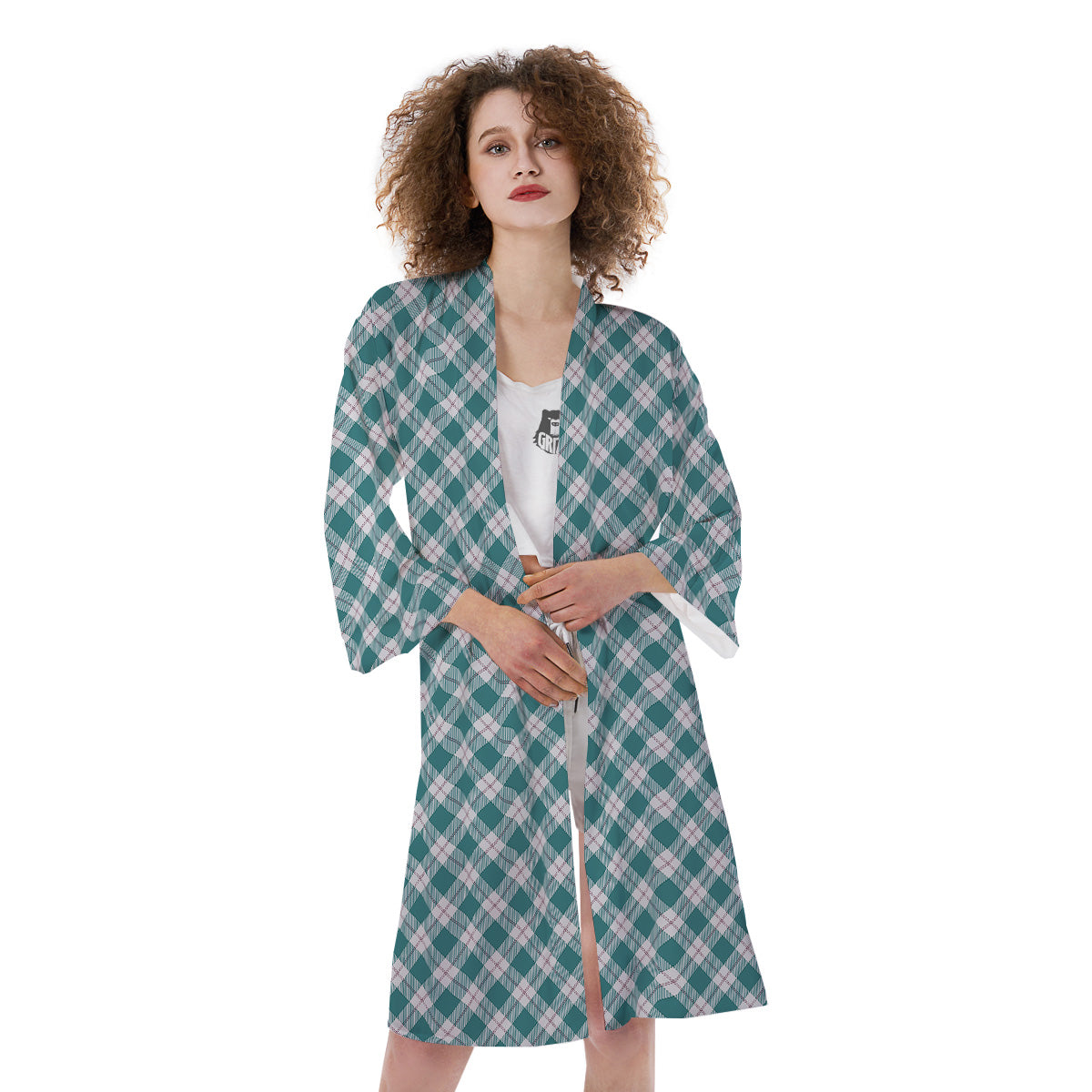 Tartan Green Red And White Print Kimono-grizzshop