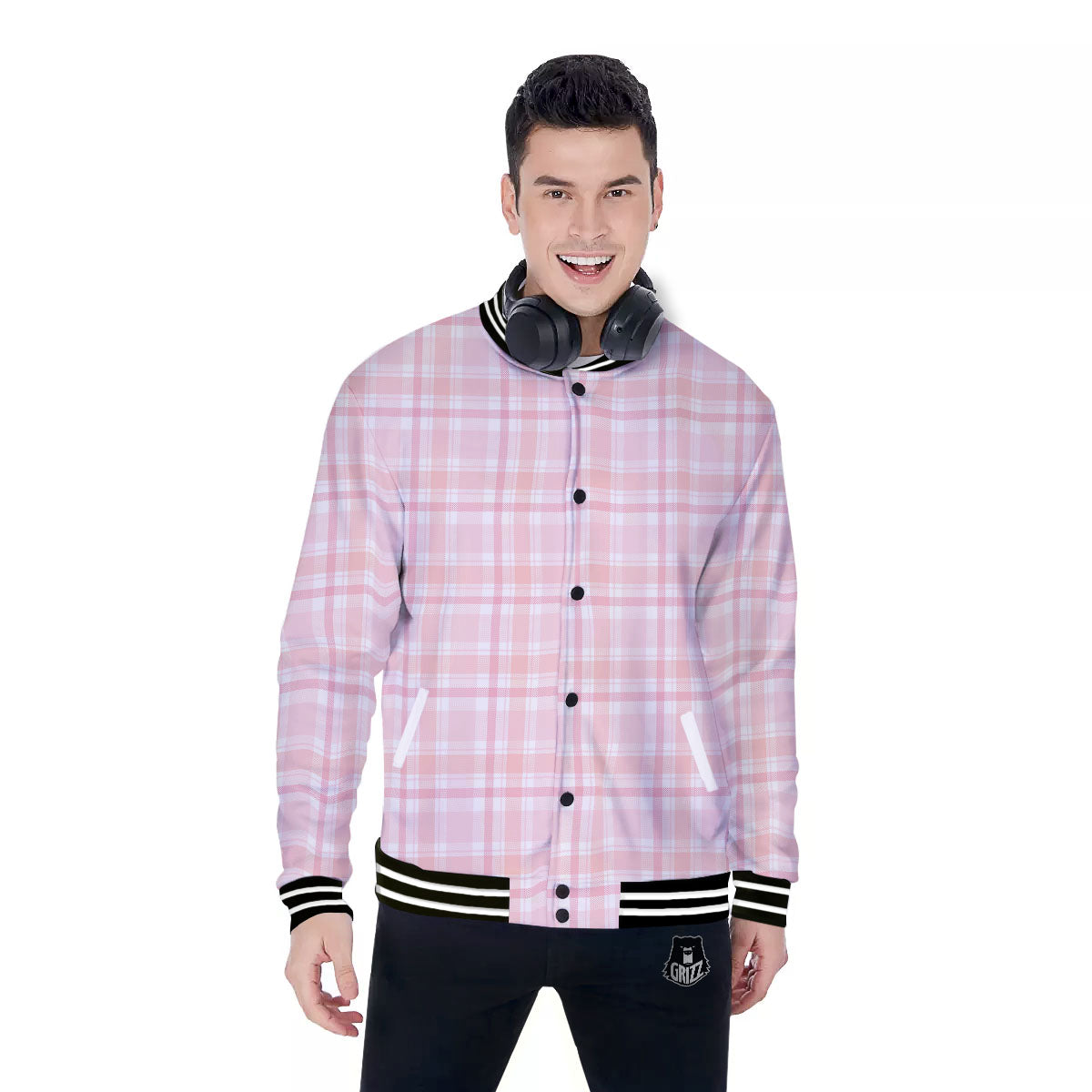 Tartan Pink Print Pattern Baseball Jacket-grizzshop