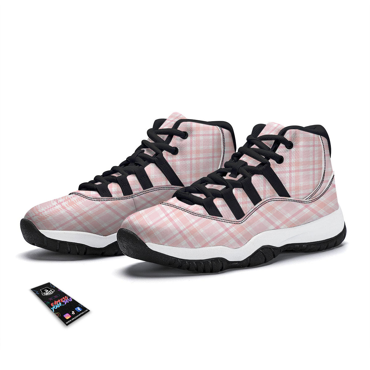Tartan Pink Print Pattern Black Bball Shoes-grizzshop