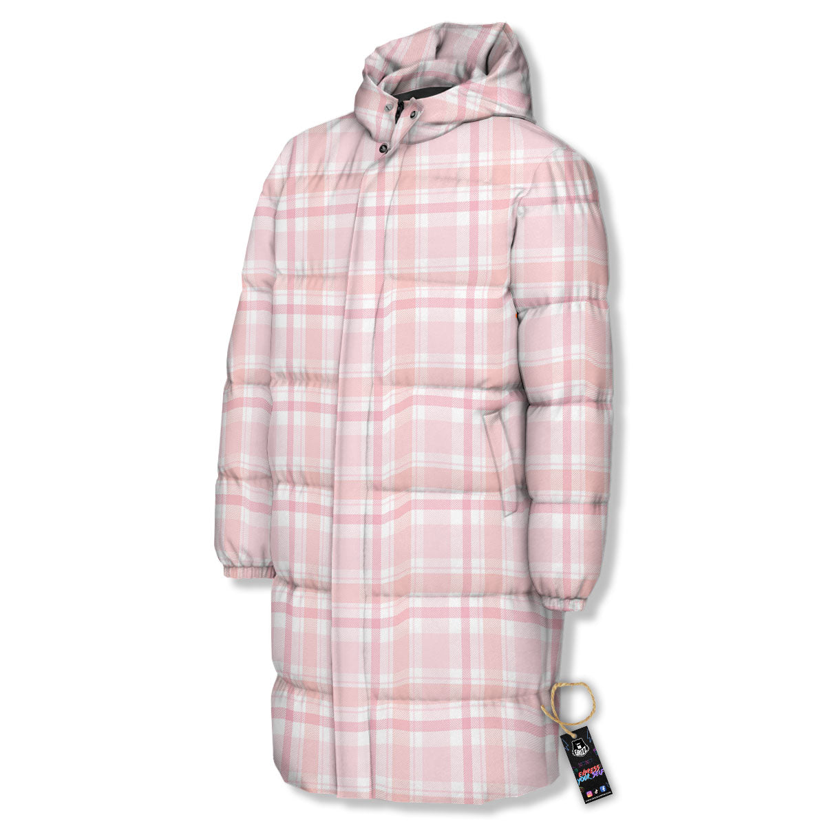 Tartan Pink Print Pattern Long Down Jacket-grizzshop