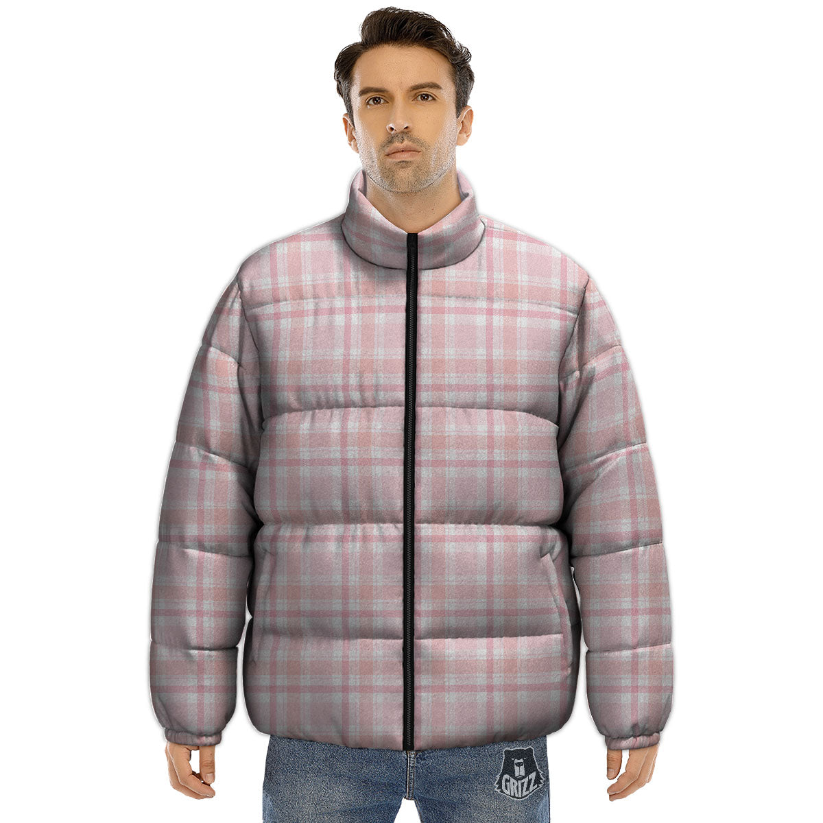 Tartan Pink Print Pattern Puffer Jacket-grizzshop