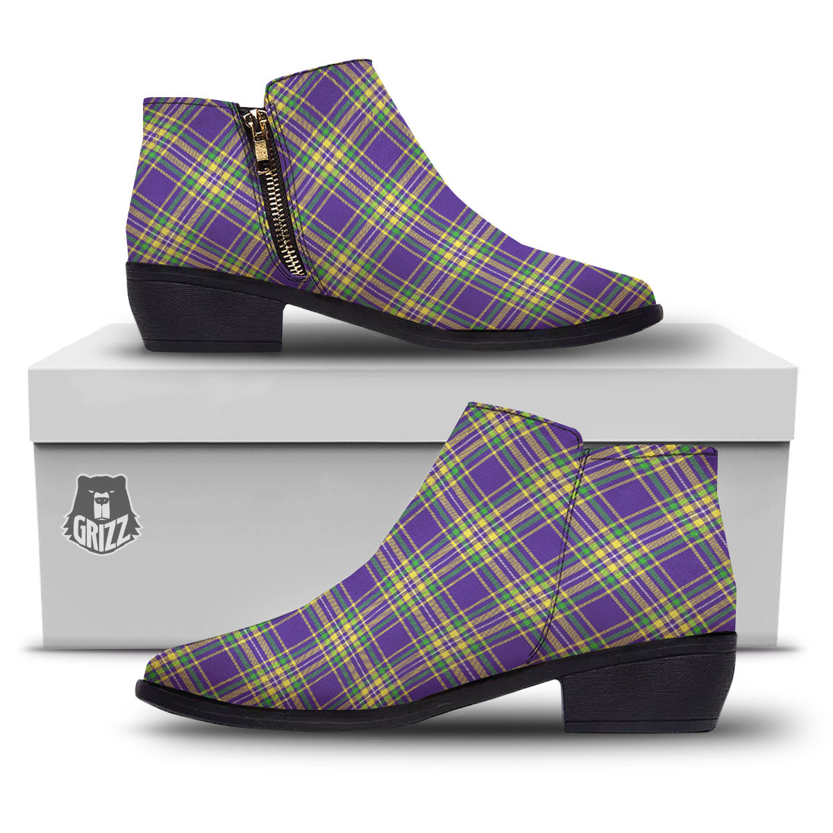 Tartan Plaid Mardi Gras Print Pattern Ankle Boots-grizzshop
