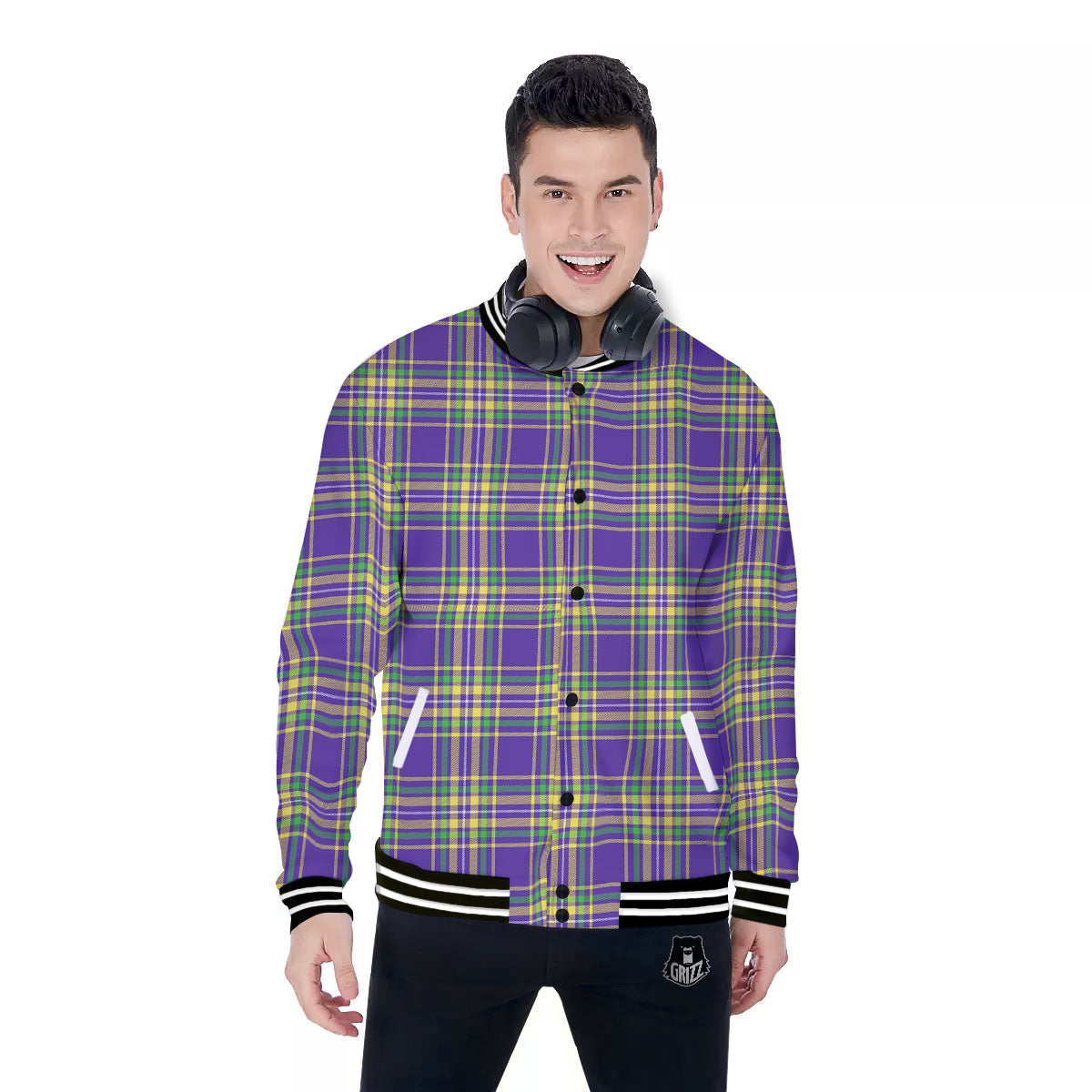 Tartan Plaid Mardi Gras Print Pattern Baseball Jacket-grizzshop