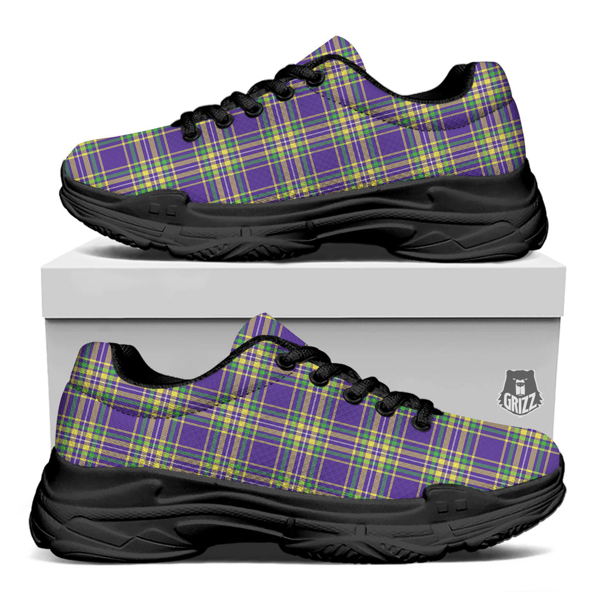 Tartan Plaid Mardi Gras Print Pattern Black Chunky Shoes-grizzshop