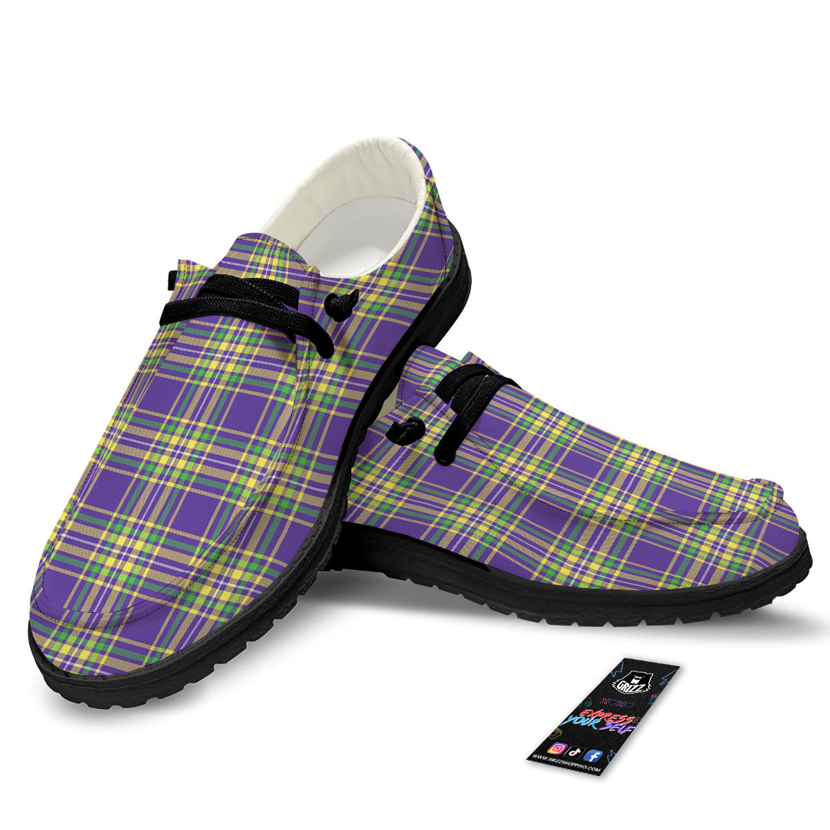 Tartan Plaid Mardi Gras Print Pattern Black Loafers-grizzshop