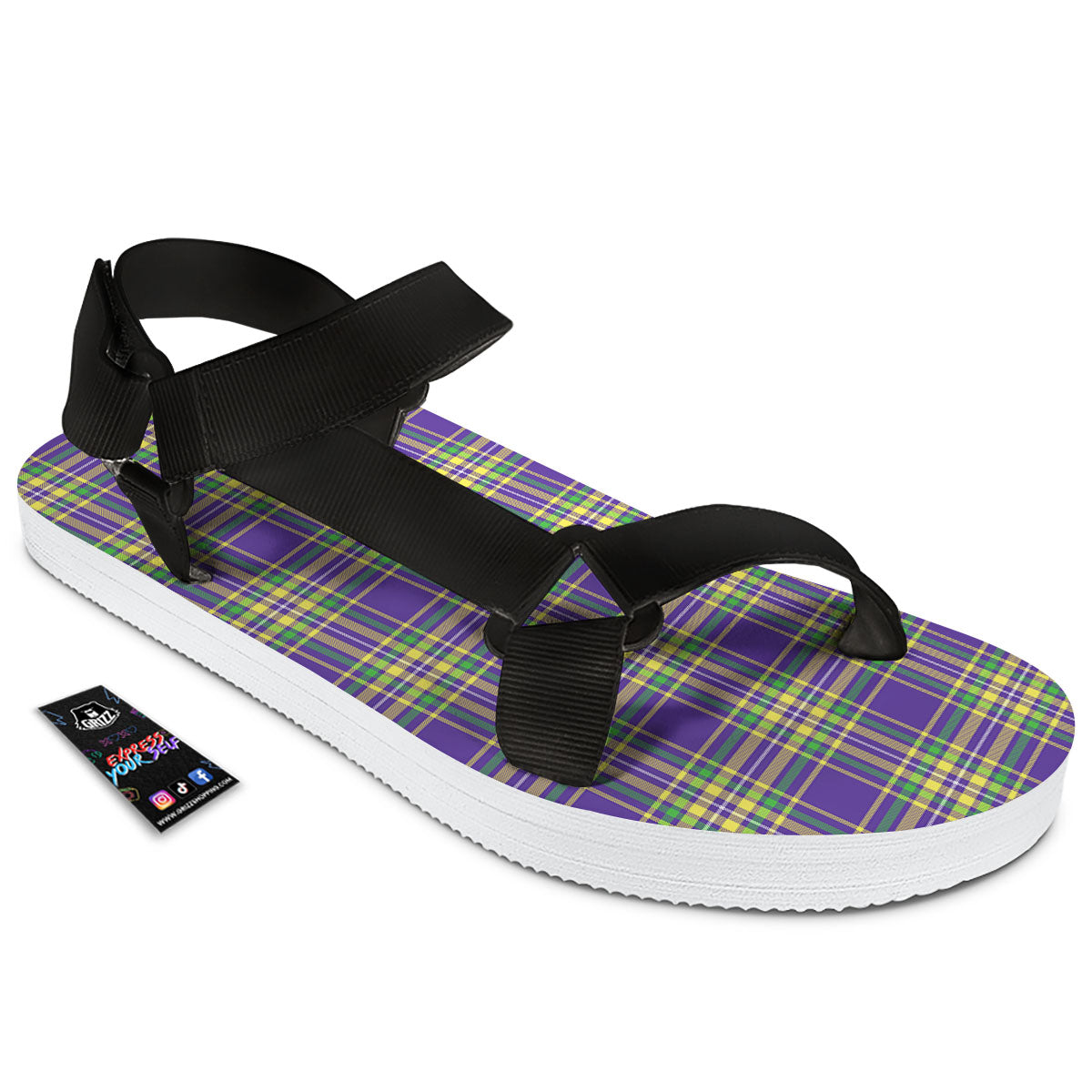 Tartan Plaid Mardi Gras Print Pattern Black Open Toe Sandals-grizzshop