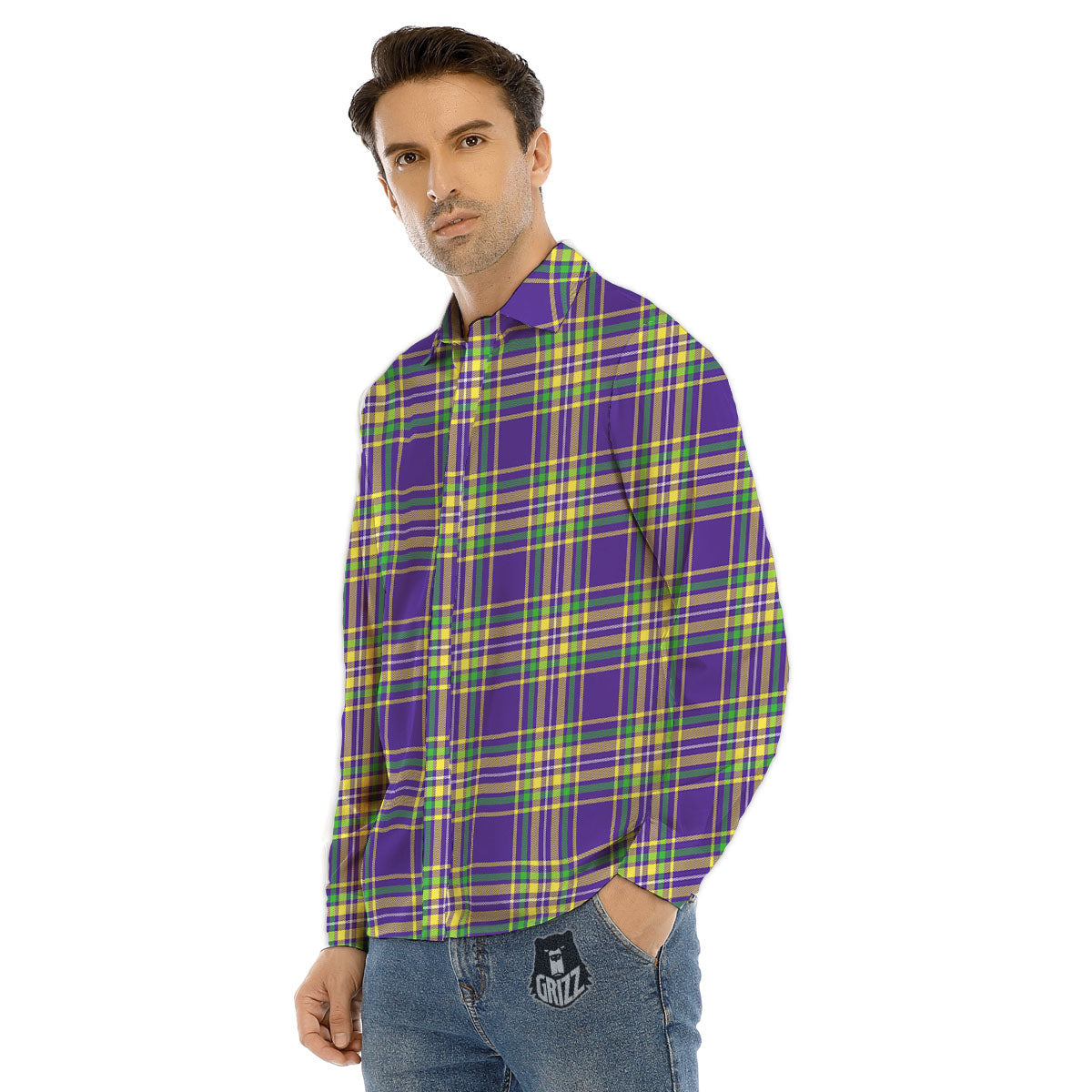 Tartan Plaid Mardi Gras Print Pattern Men's Dress Shirts-grizzshop