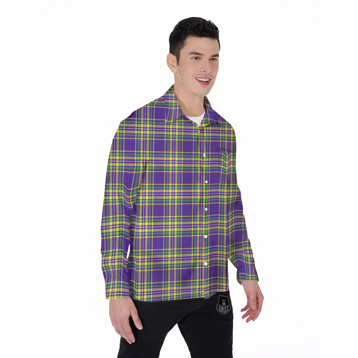 Tartan Plaid Mardi Gras Print Pattern Men's Long Sleeve Shirts-grizzshop