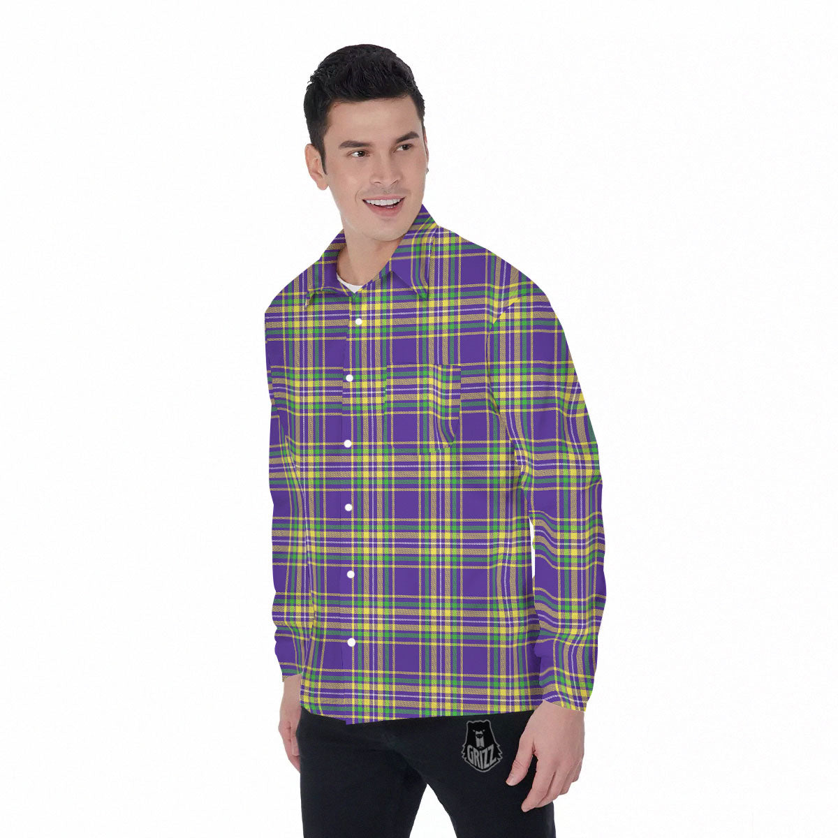 Tartan Plaid Mardi Gras Print Pattern Men's Long Sleeve Shirts-grizzshop