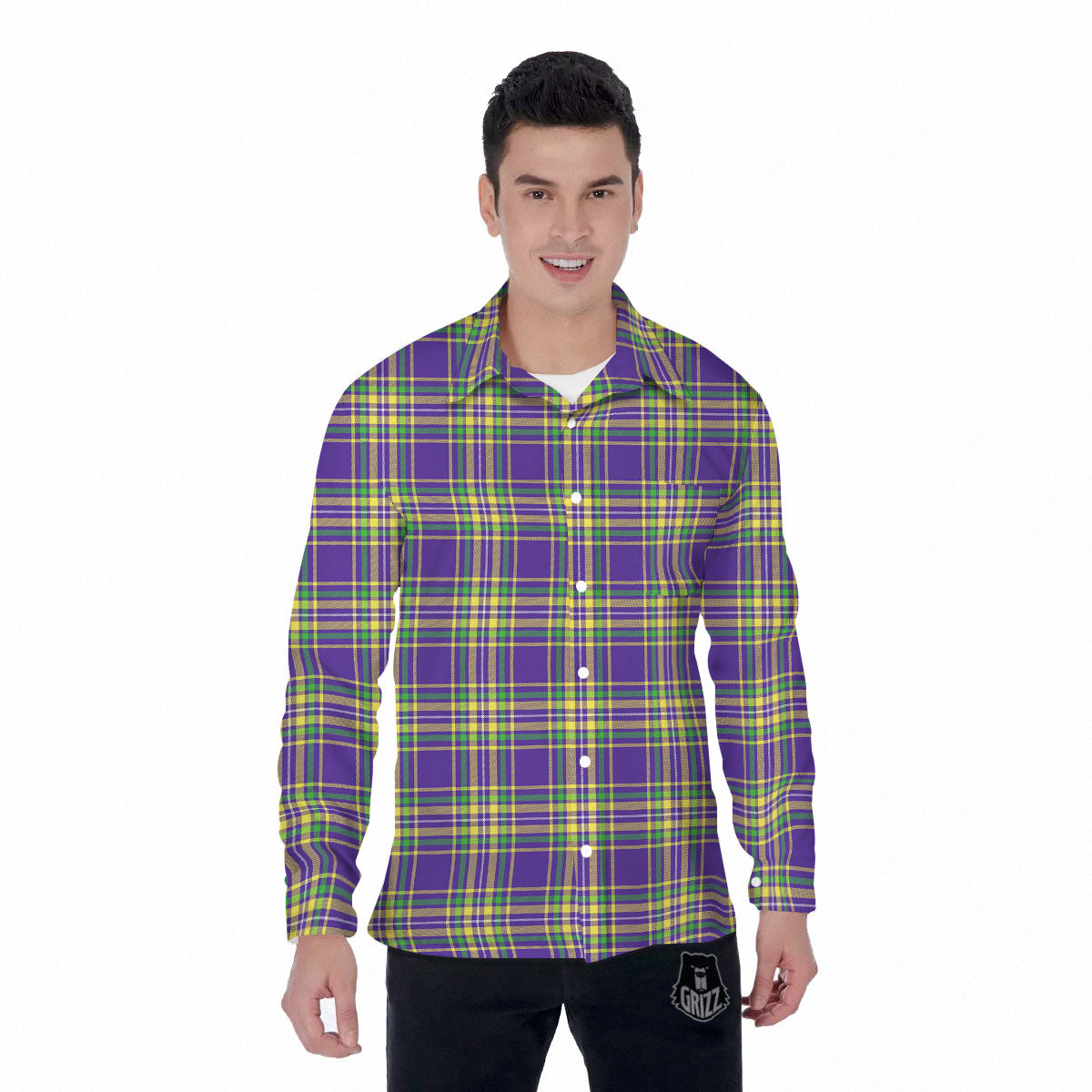 Tartan Plaid Mardi Gras Print Pattern Men's Long Sleeve Shirts-grizzshop