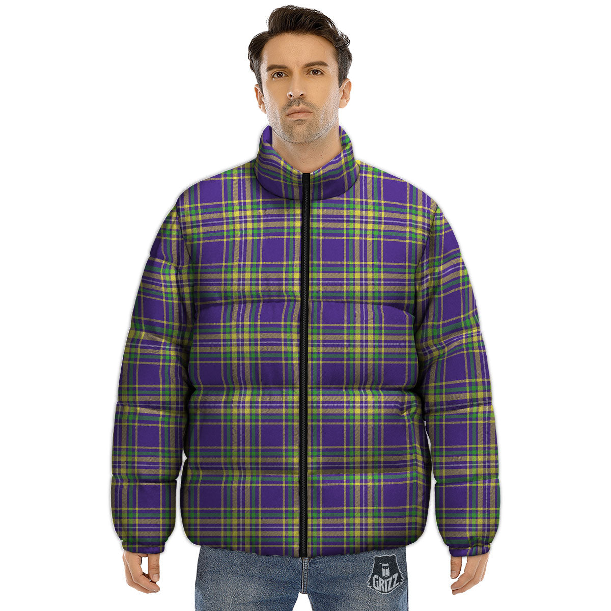 Tartan Plaid Mardi Gras Print Pattern Puffer Jacket-grizzshop