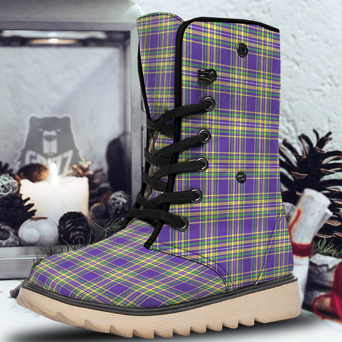 Tartan Plaid Mardi Gras Print Pattern Snow Boots-grizzshop