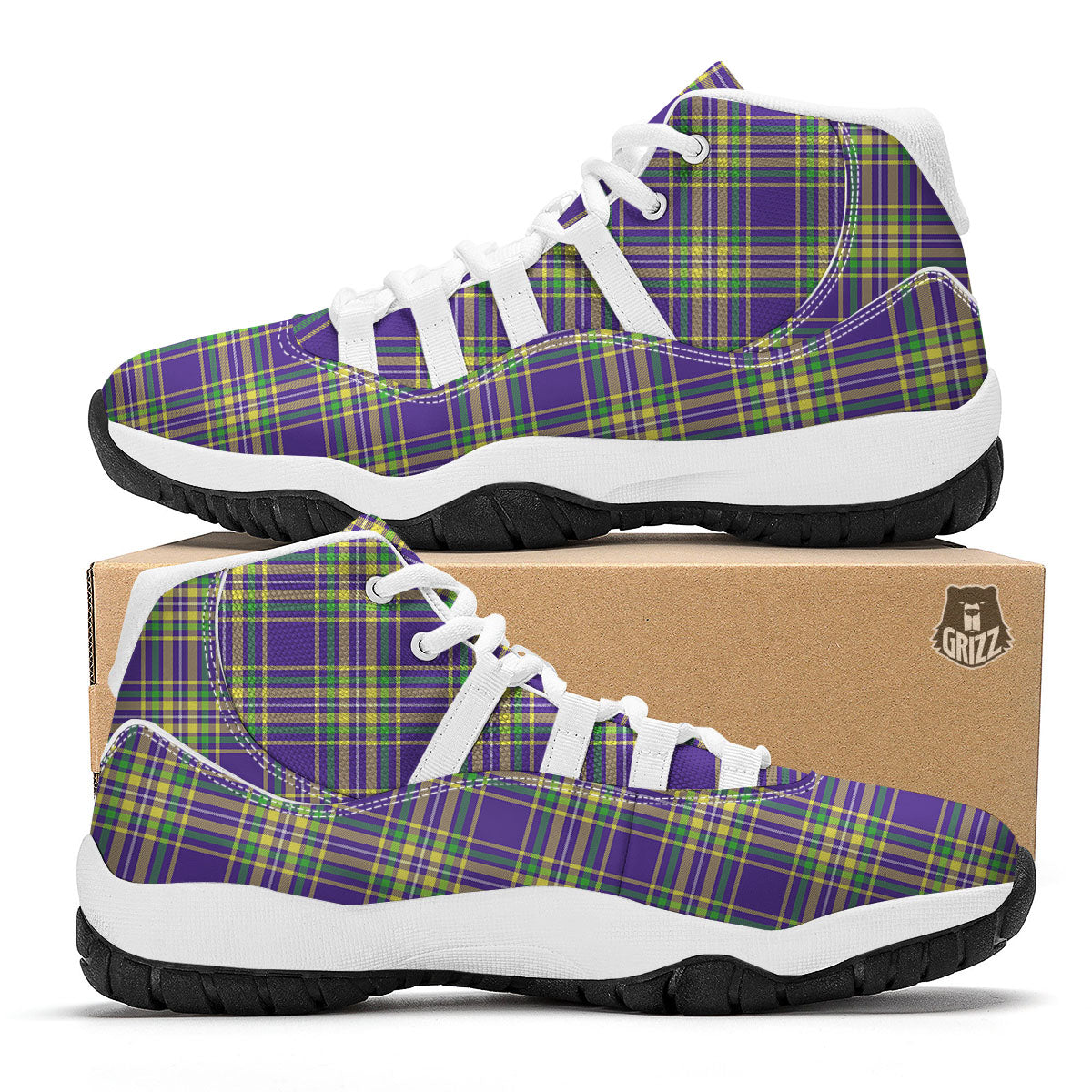 Tartan Plaid Mardi Gras Print Pattern White Bball Shoes-grizzshop