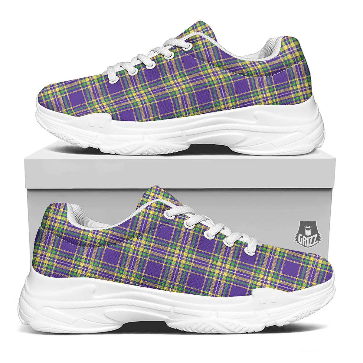 Tartan Plaid Mardi Gras Print Pattern White Chunky Shoes-grizzshop