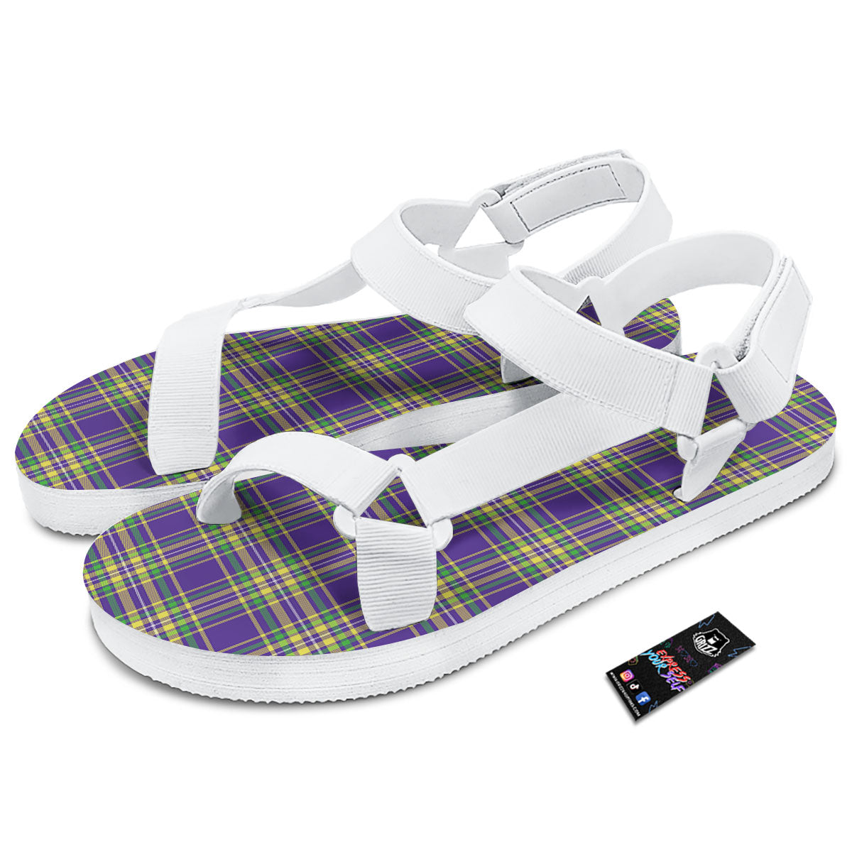 Tartan Plaid Mardi Gras Print Pattern White Open Toe Sandals-grizzshop