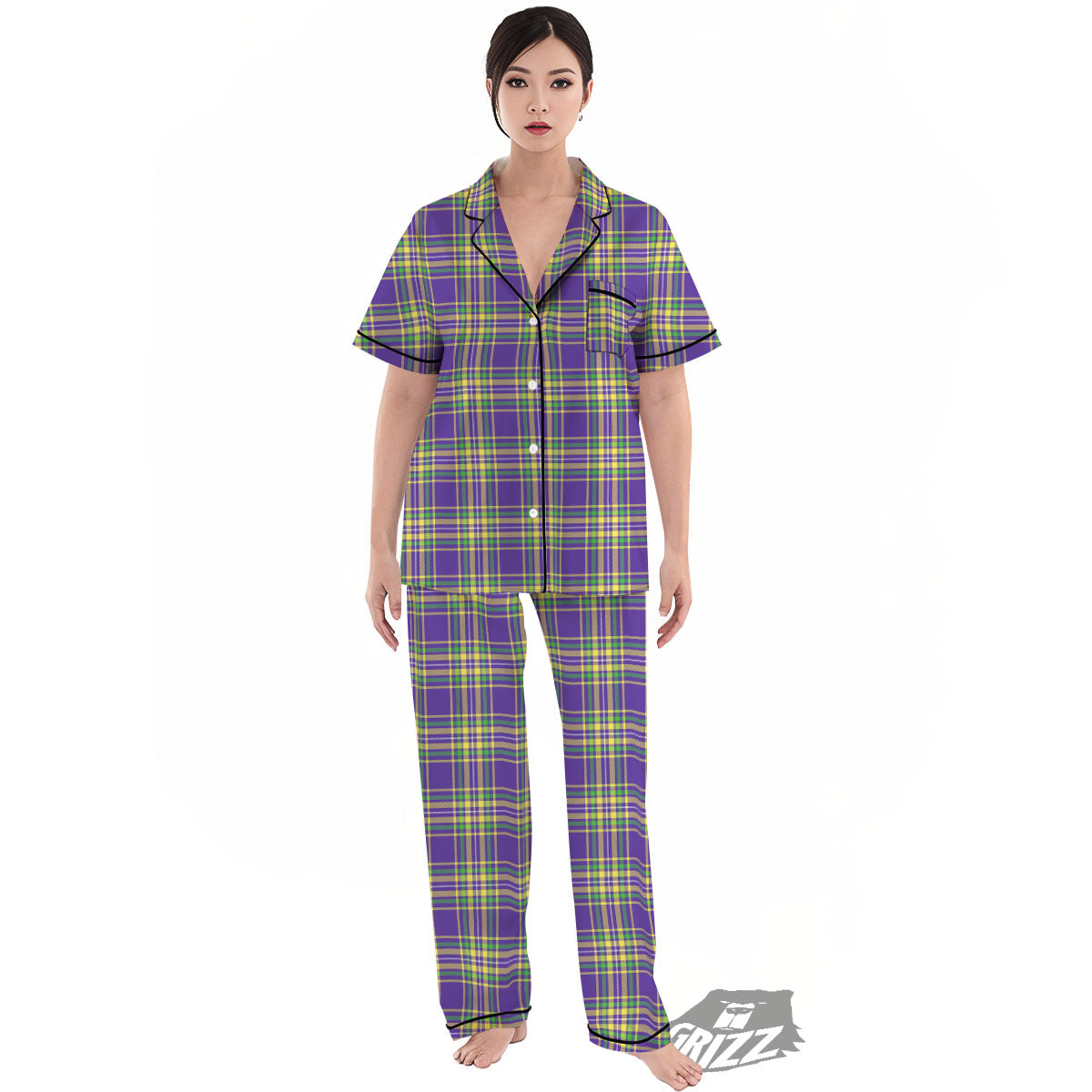 Tartan Plaid Mardi Gras Print Pattern Women's Pajamas Set-grizzshop