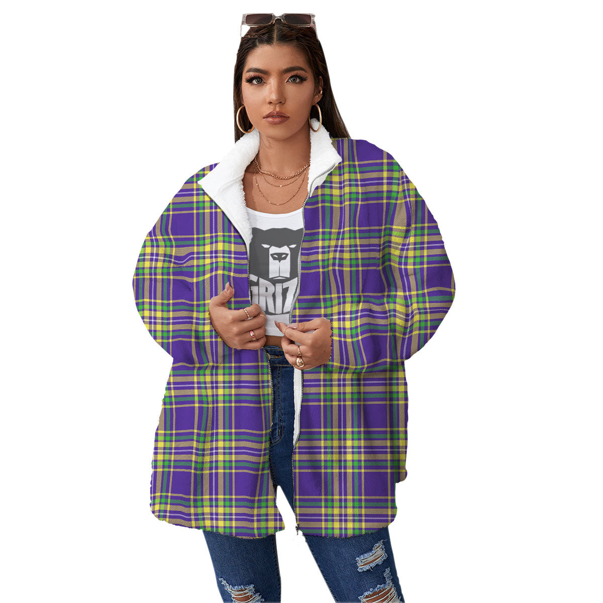 Tartan Plaid Mardi Gras Print Pattern Women's Sherpa Jacket-grizzshop