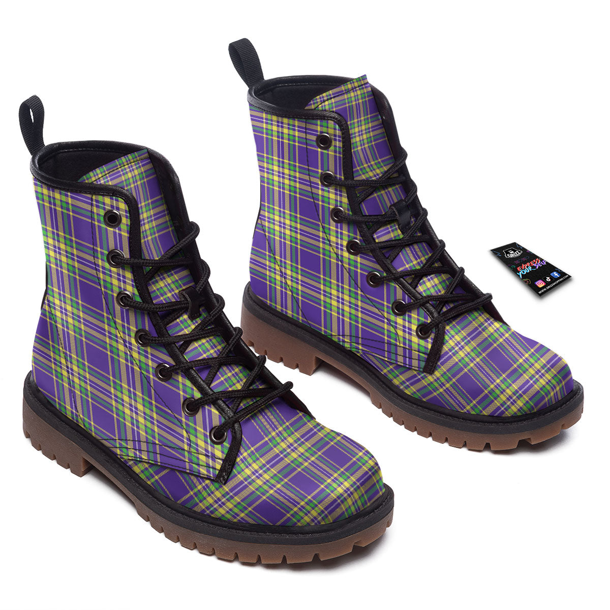 Tartan Plaid Mardi Gras Print Pattern Work Boots-grizzshop