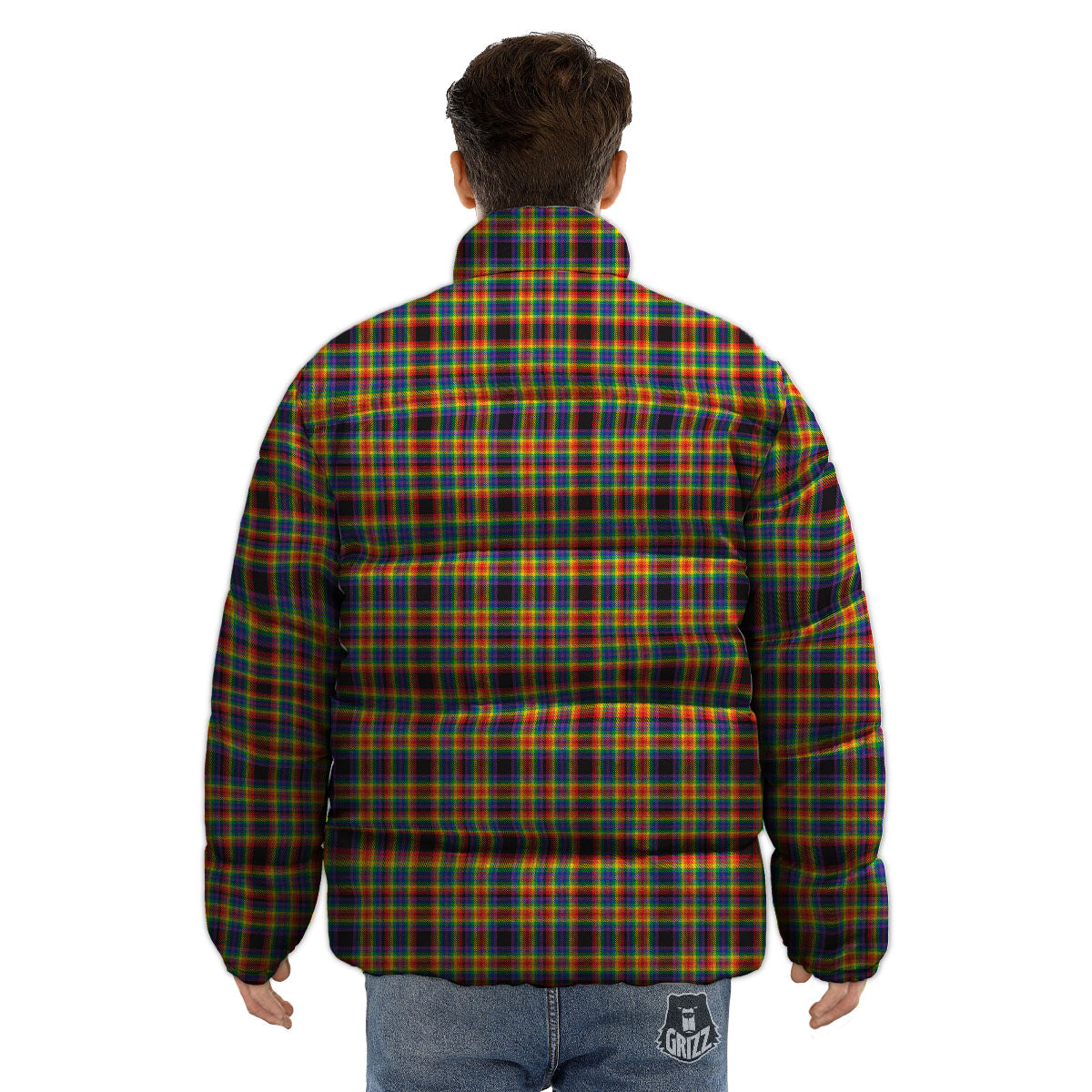 Tartan Rainbow Print Pattern Puffer Jacket-grizzshop