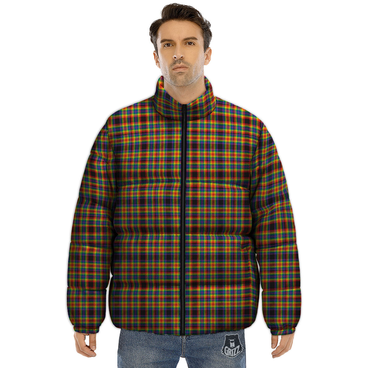 Tartan Rainbow Print Pattern Puffer Jacket-grizzshop